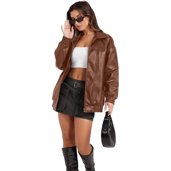 Women's Faux Leather Jacket Oversized Caramel Bomber Coat Fall Winter Outfits - Picture 2 of 3